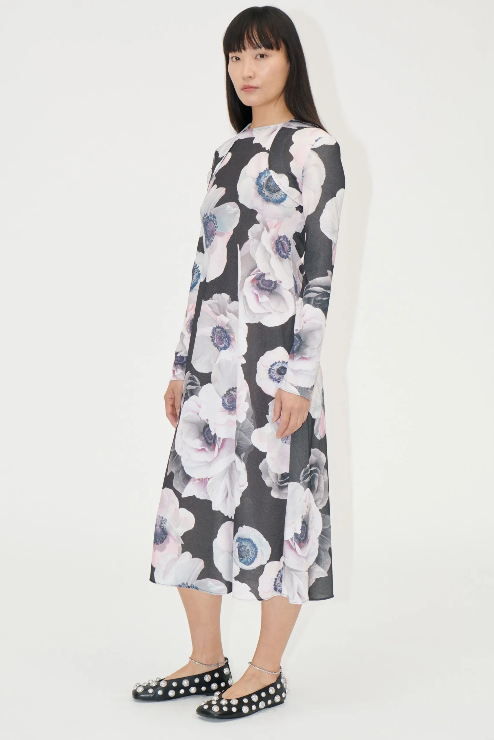 Crewneck Long Sleeve Midi Dress - Nostalgic Anemone-STINE GOYA Store