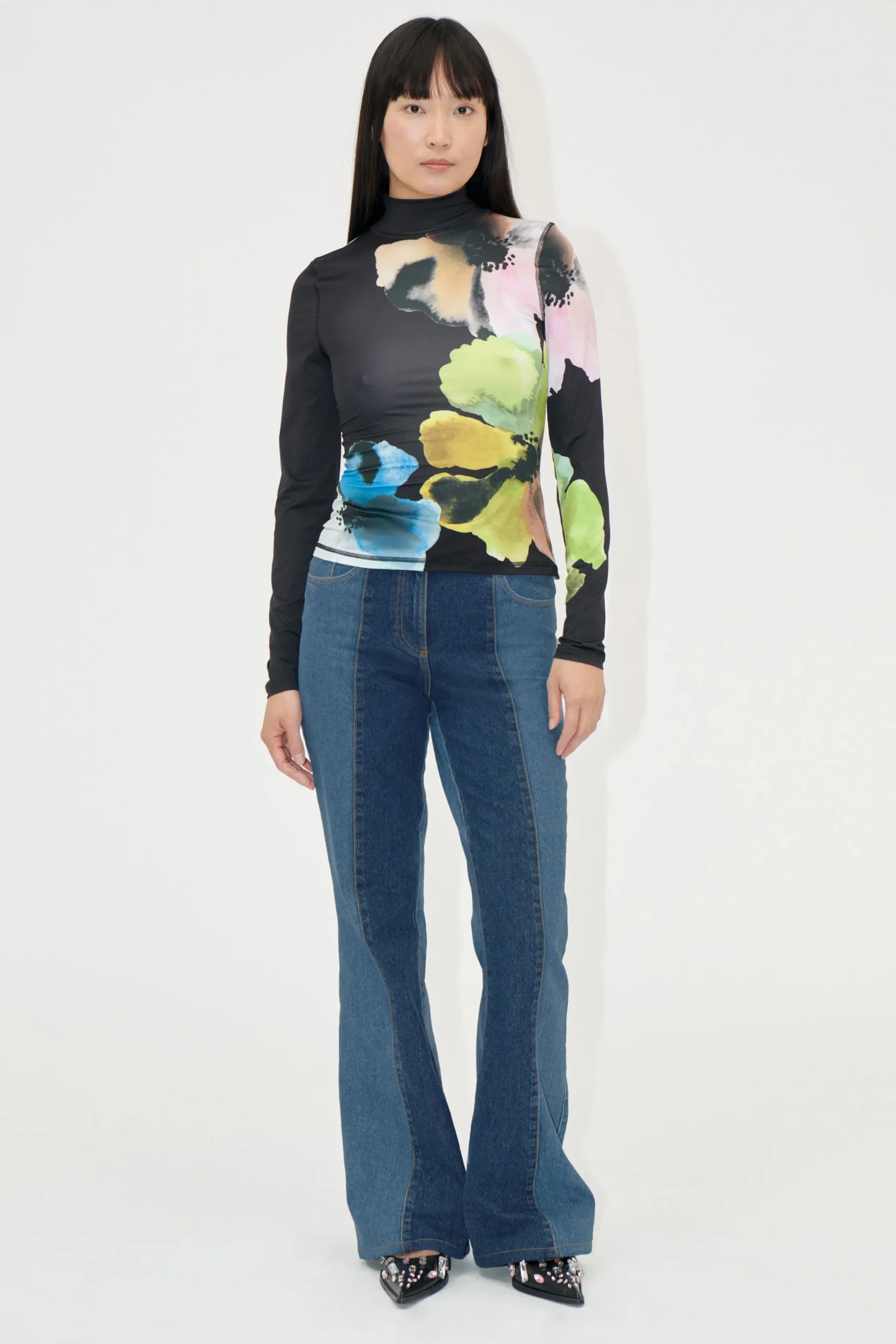 Elastic High Neck Collared Top - Watercolor Bloom Maxi-STINE GOYA Store