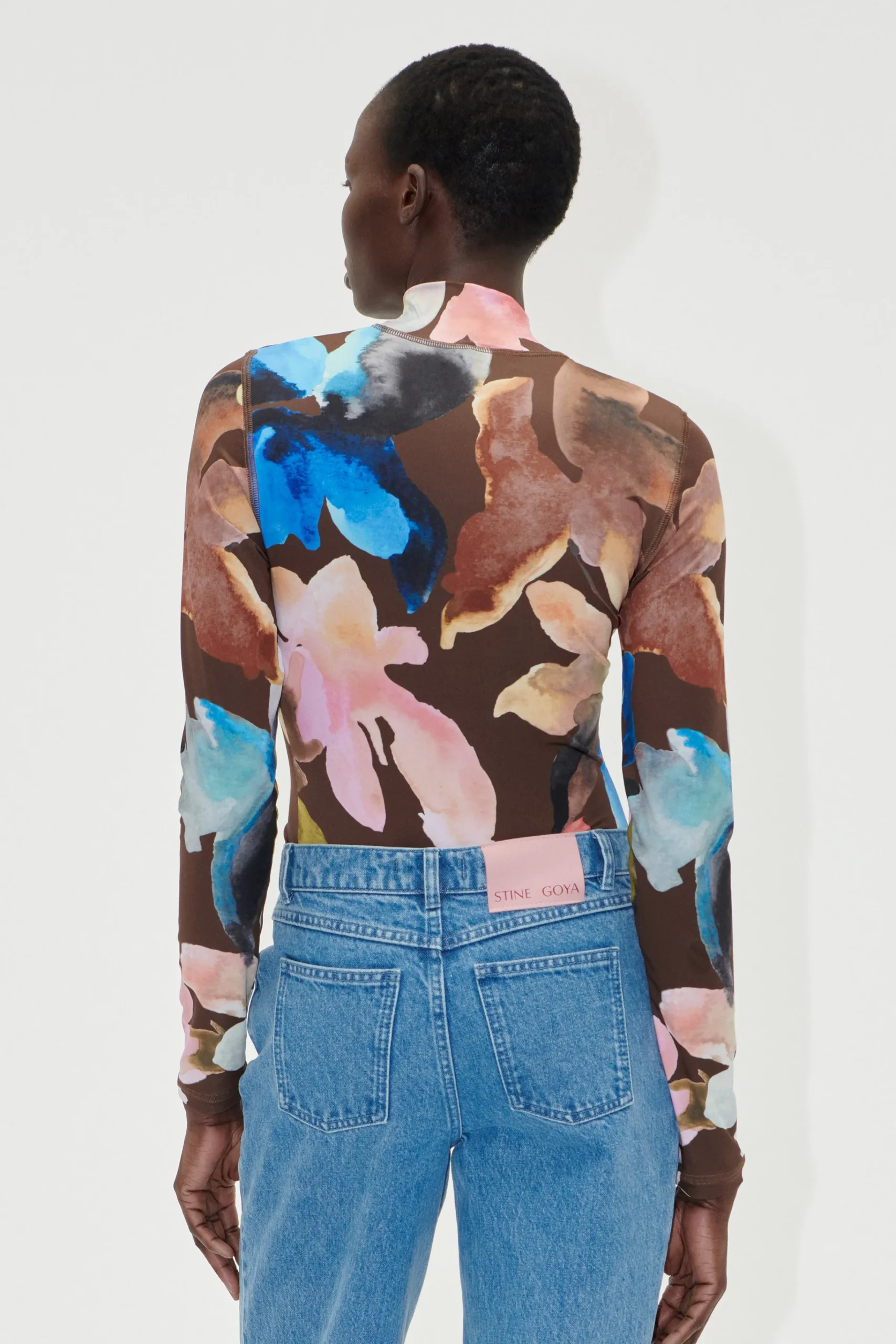 Elastic High Neck Collared Top - Aquarelle Garden-STINE GOYA Sale