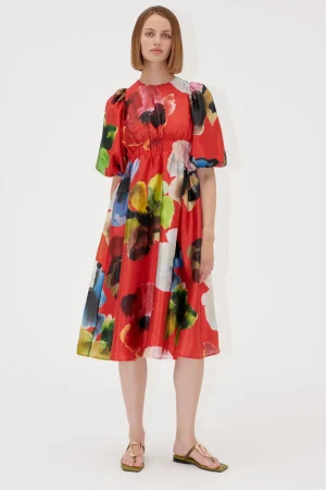 Elasticated Waist Midi Dress - Bloom In Red-STINE GOYA Clearance