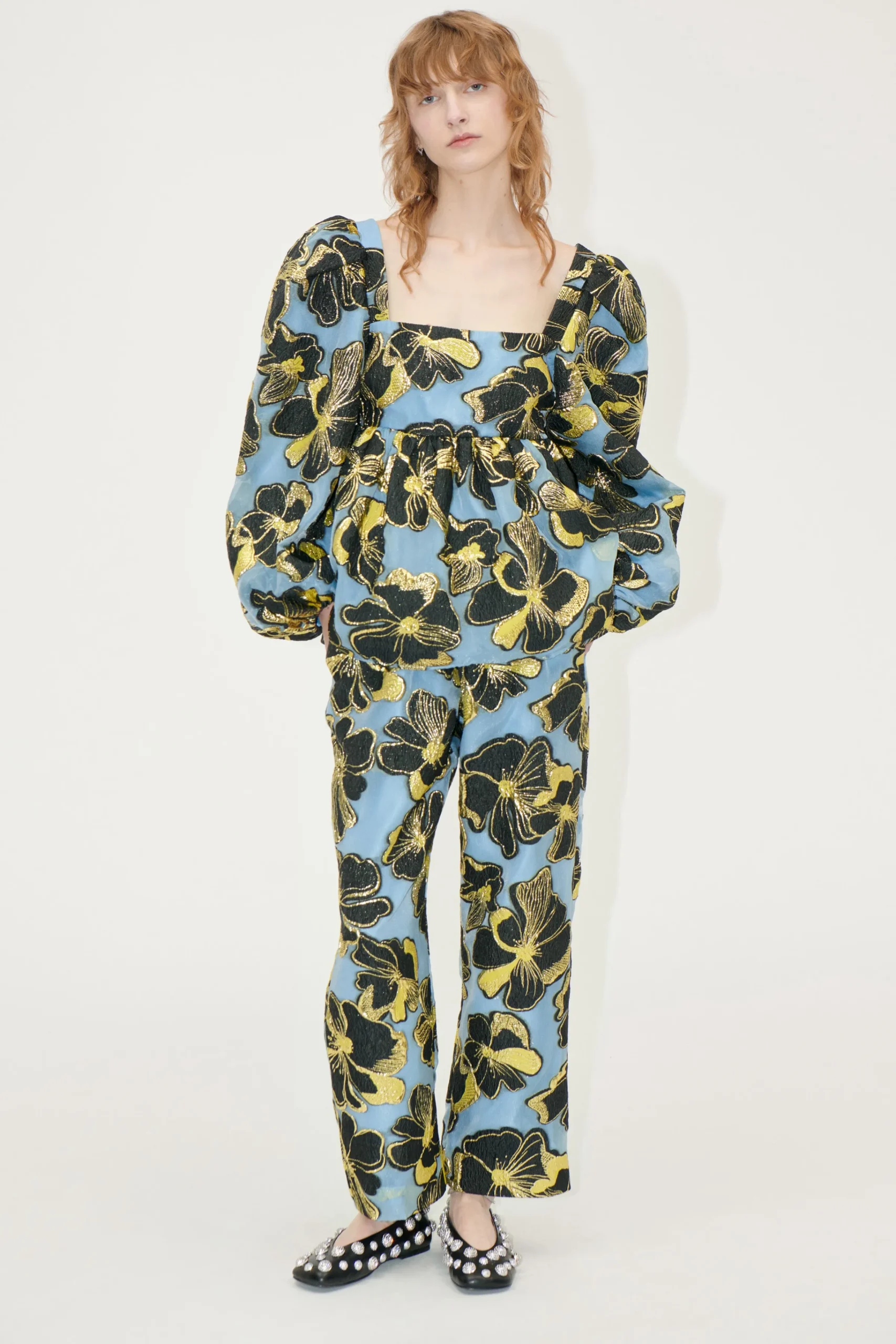 Elasticated Waistband Pants - Blue Anemone Jacquard-STINE GOYA Store