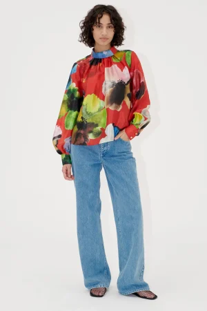 Gathered Long Sleeve Top - Bloom In Red-STINE GOYA Online
