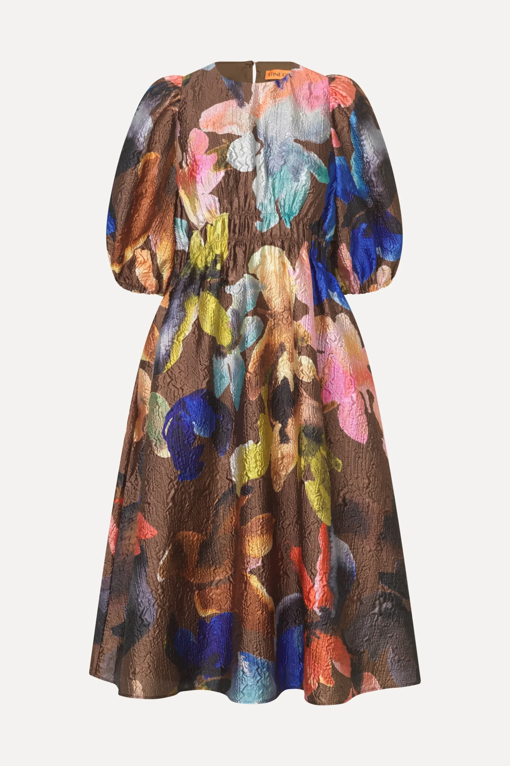 Gathered Waist Channel Midi Dress - Aquarelle Garden-STINE GOYA Cheap