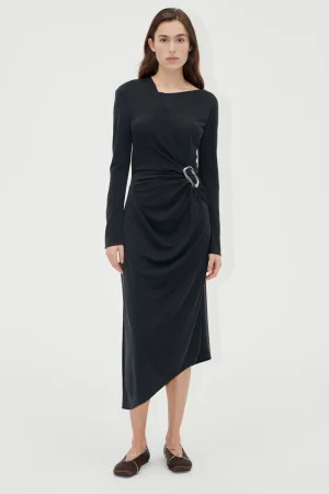 Long Sleeve Midi Dress With Fixed Buckle - Jet Black-STINE GOYA Hot