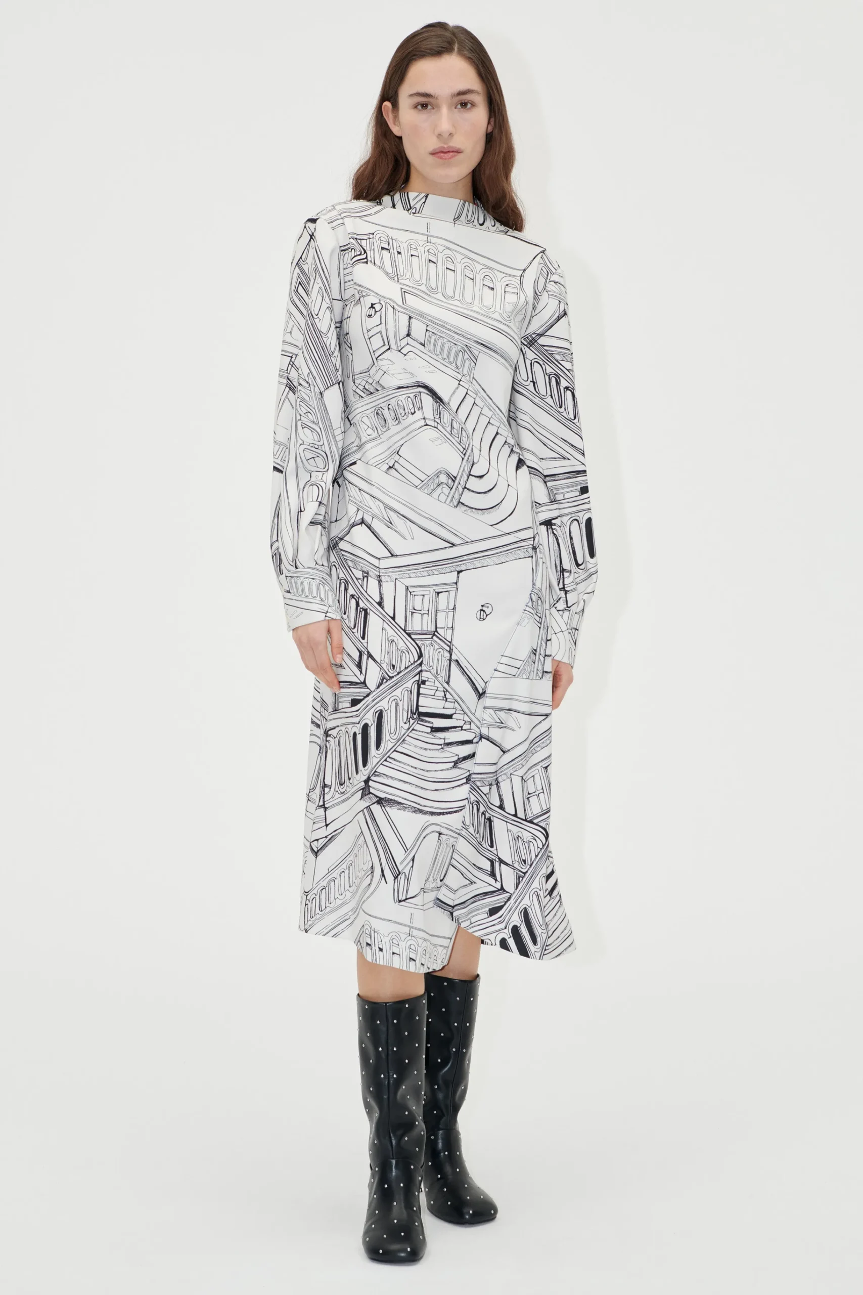 Shoulder Pleated Long Dress - Fineline Staircase-STINE GOYA Sale
