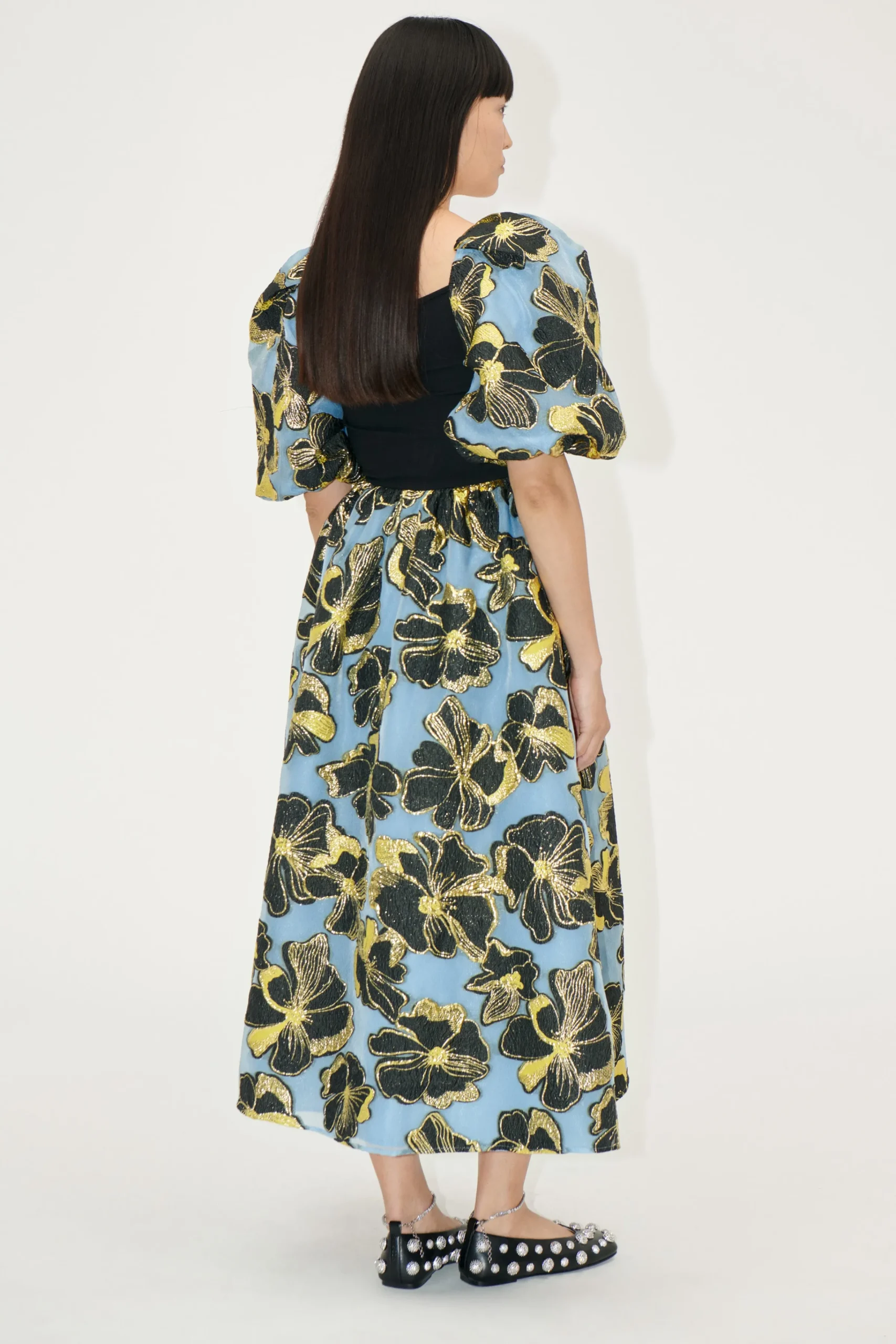 3/4 Sleeve Combo Bodice Midi Dress - Blue Anemone Jacquard-STINE GOYA Best Sale