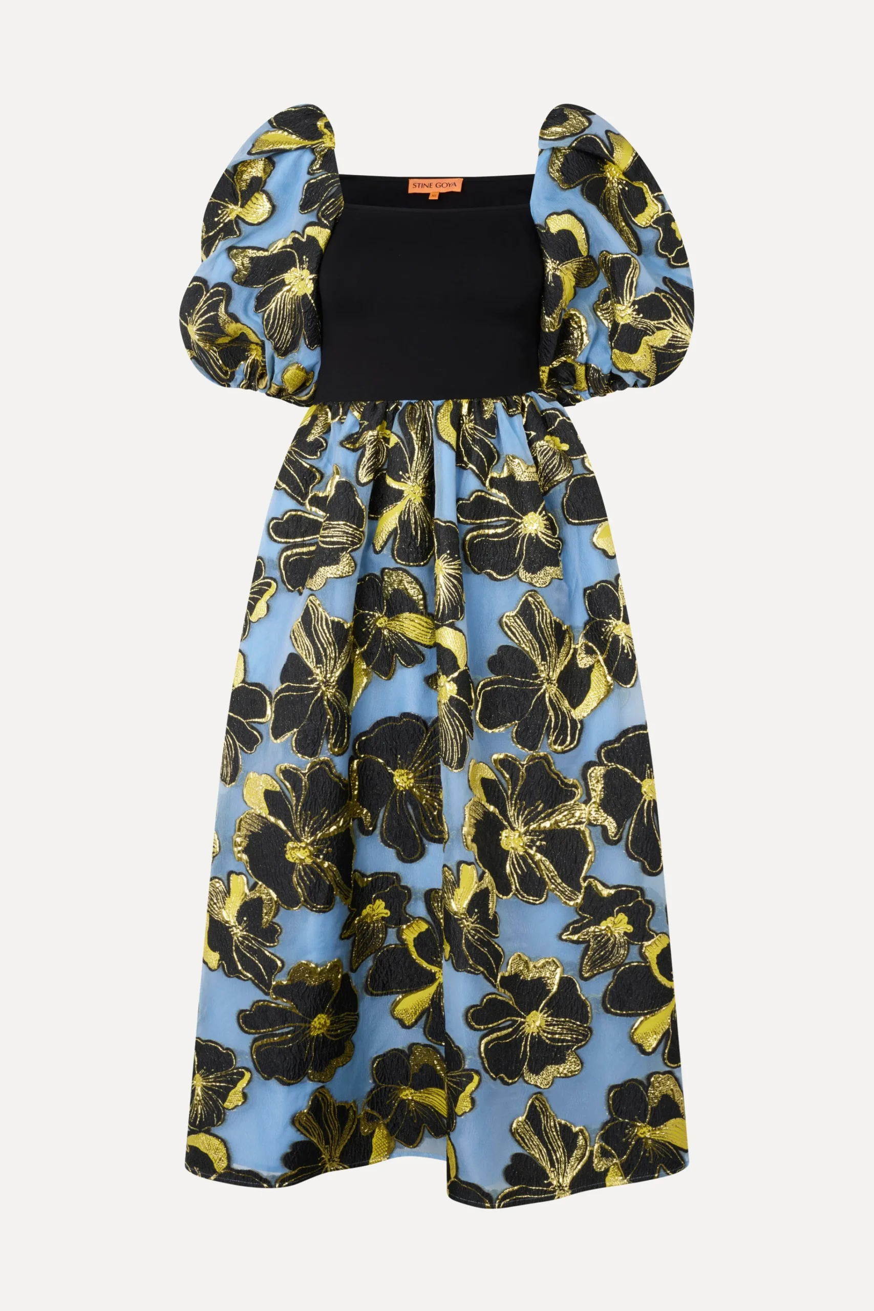 3/4 Sleeve Combo Bodice Midi Dress - Blue Anemone Jacquard-STINE GOYA Best Sale