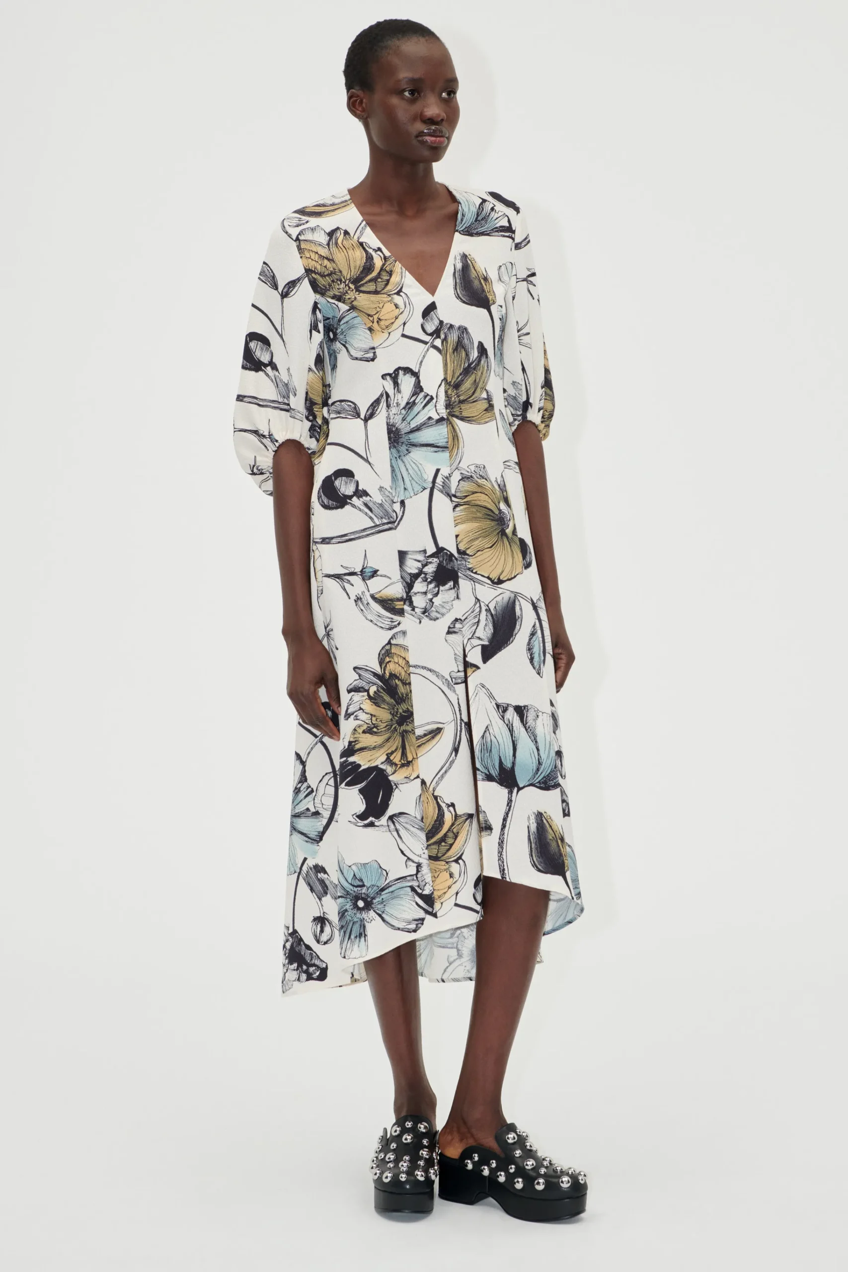 Three-Quarter Sleeve Midi Dress - Fine Line Poppies-STINE GOYA Discount