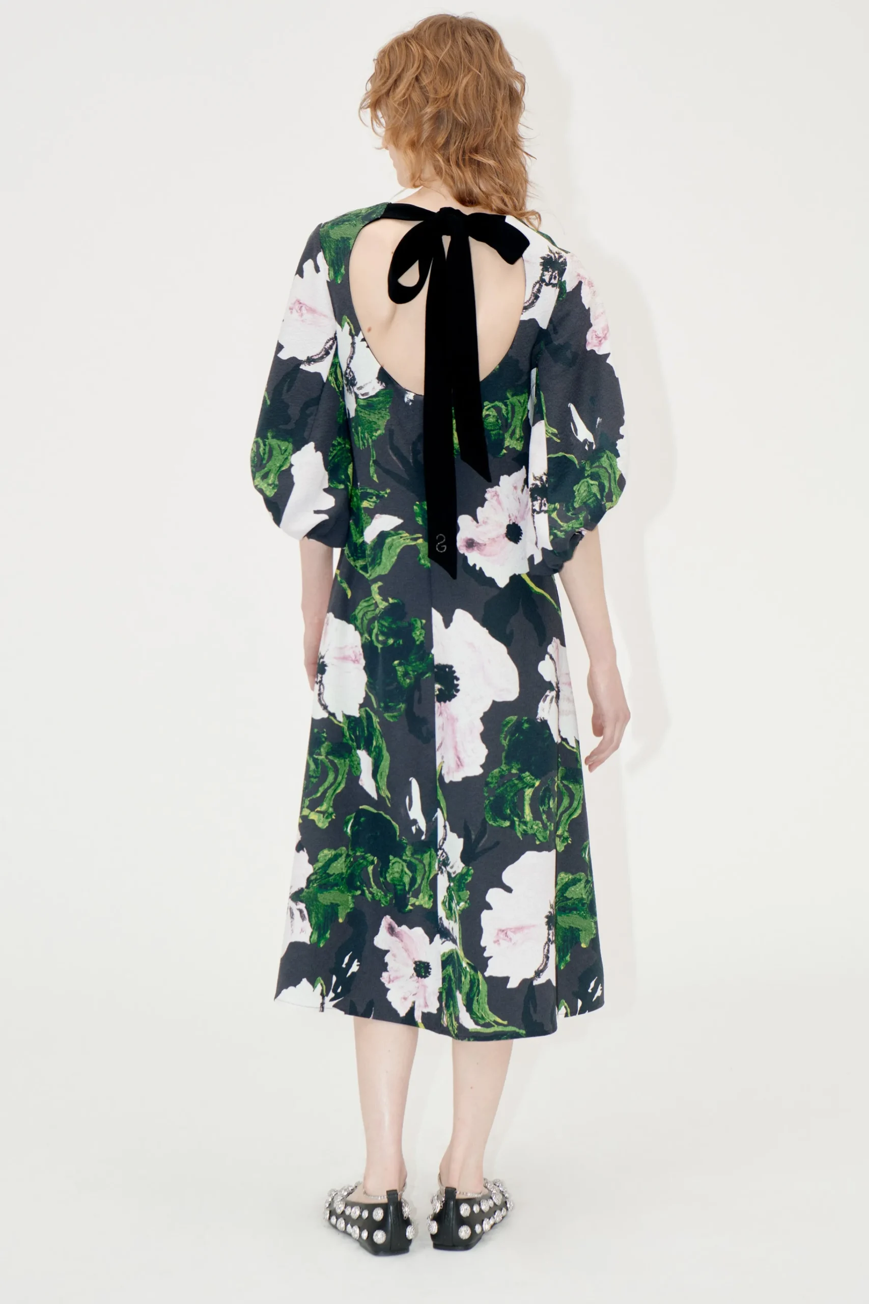 3/4 Volume Sleeves Midi Dress - Umber Windflower-STINE GOYA New