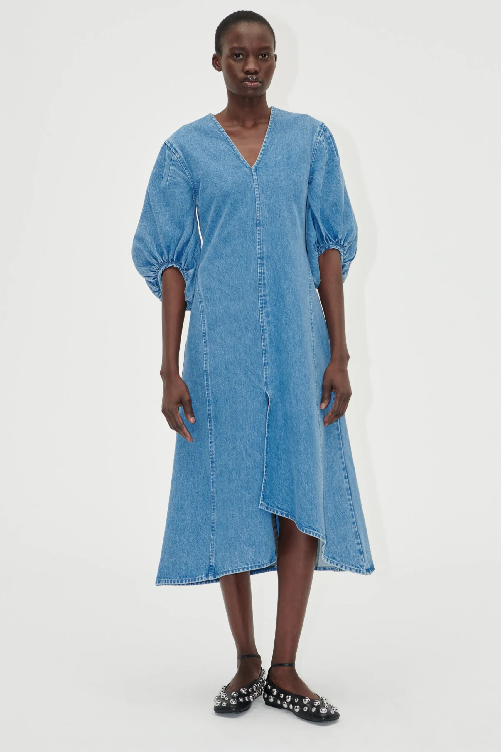 Volume Sleeves Midi Dress - Denim Blue-STINE GOYA New