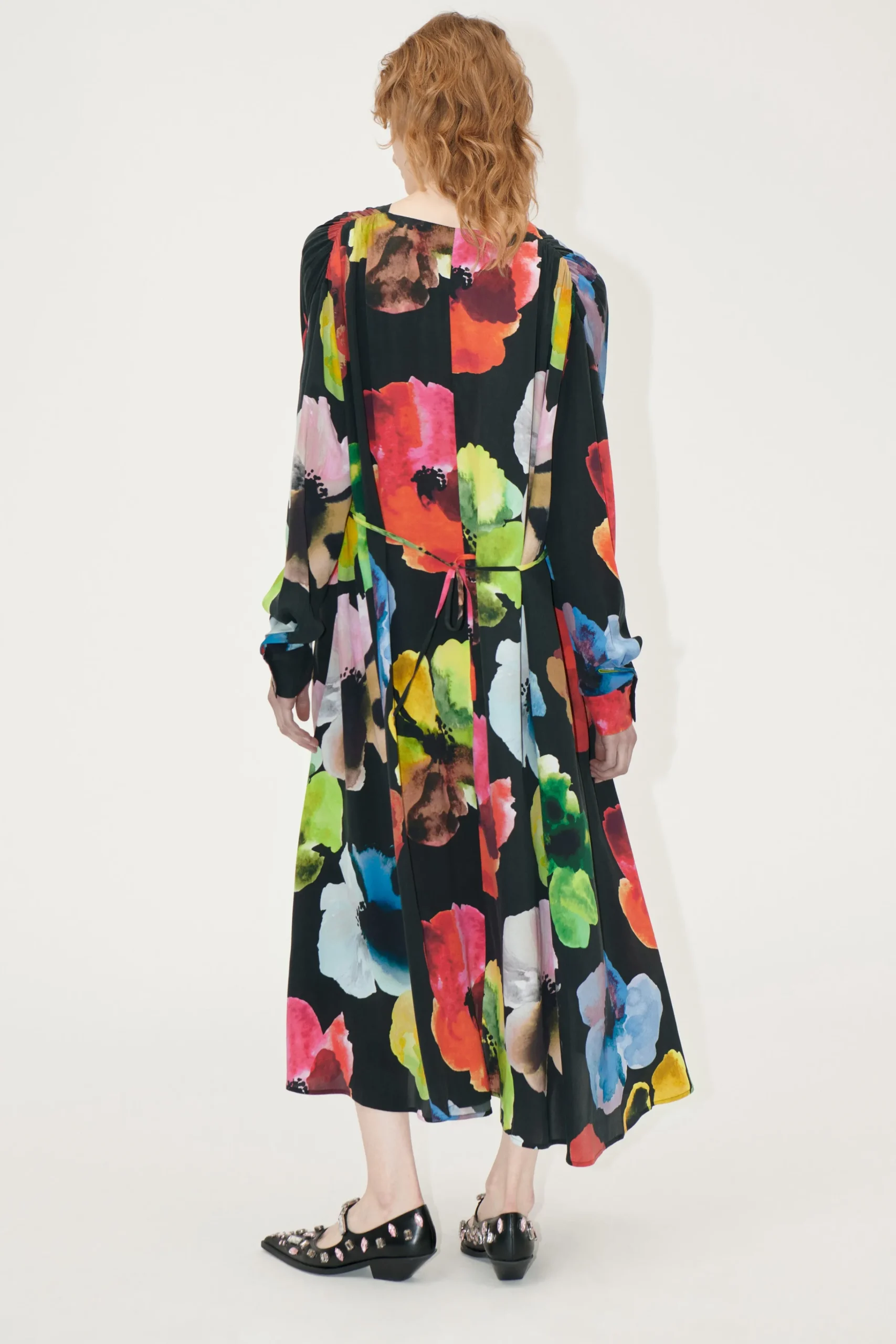 Voluminous V Neck Midi Dress - Watercolor Bloom-STINE GOYA Store